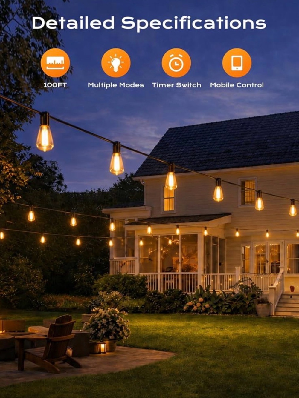 Outdoor Warm White String Lights - 100ft Patio Edison Bulbs